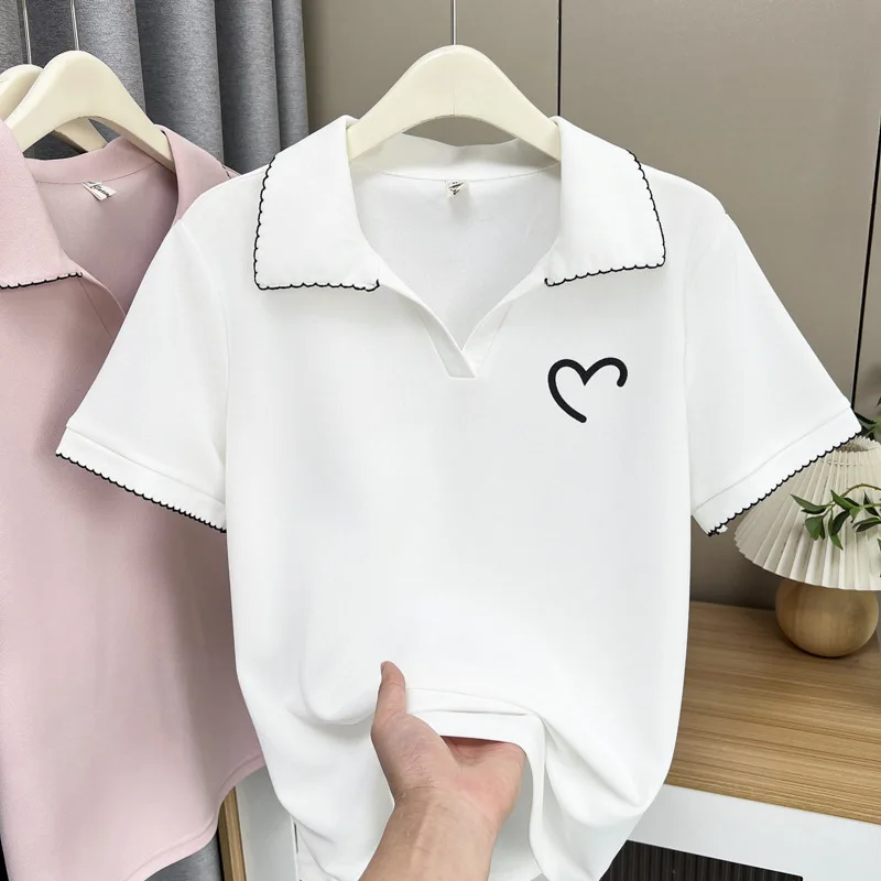 

100kg Summer Top New Casual Small Fresh POLO Collar Printed Love Short Sleeve Pique Fabric Plus Size Women T-shirt 436