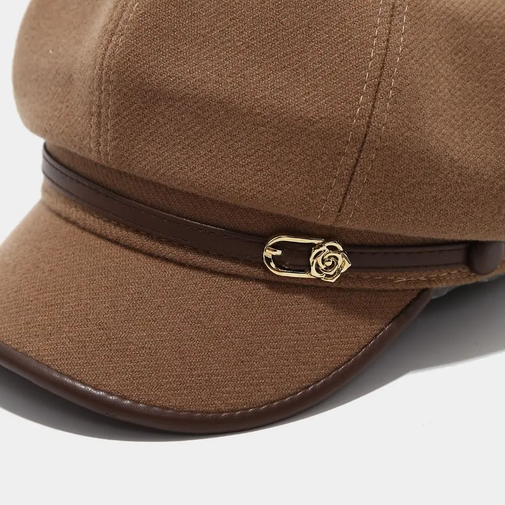 Modischer Britischer Stil PU-Leder Baskenmütze Braun mit Gürtelschnalle, Malerhut im Koreanischen Stil, Retro-Künstlerhut für Damen – Detail 2