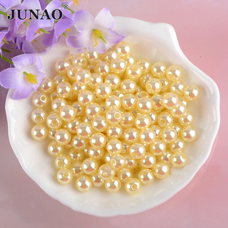 JUNAO 3 - 20mm Pink Sewing Round Pearl Beads With Holes Plastic Acrylic Spacer Beads ABS Imitation Pearl for DIY Jewelry Making