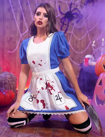 Women's Anime Alice Cosplay Costume with Necklace Alice Dress Maid Apron for Halloween Game Madness Returns Theme Girls' Outfit