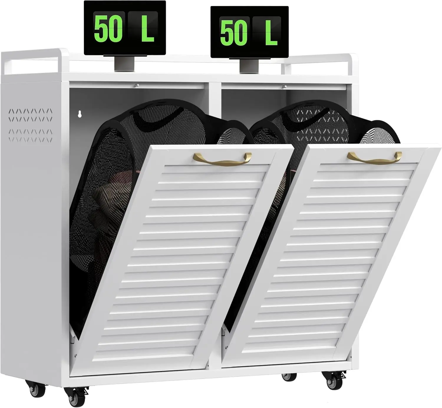 

100L Dual Laundry Hamper with Wheels, Metal Rolling Laundry Cabinet with 2 Compartments and Removable Bags, Hidden Design