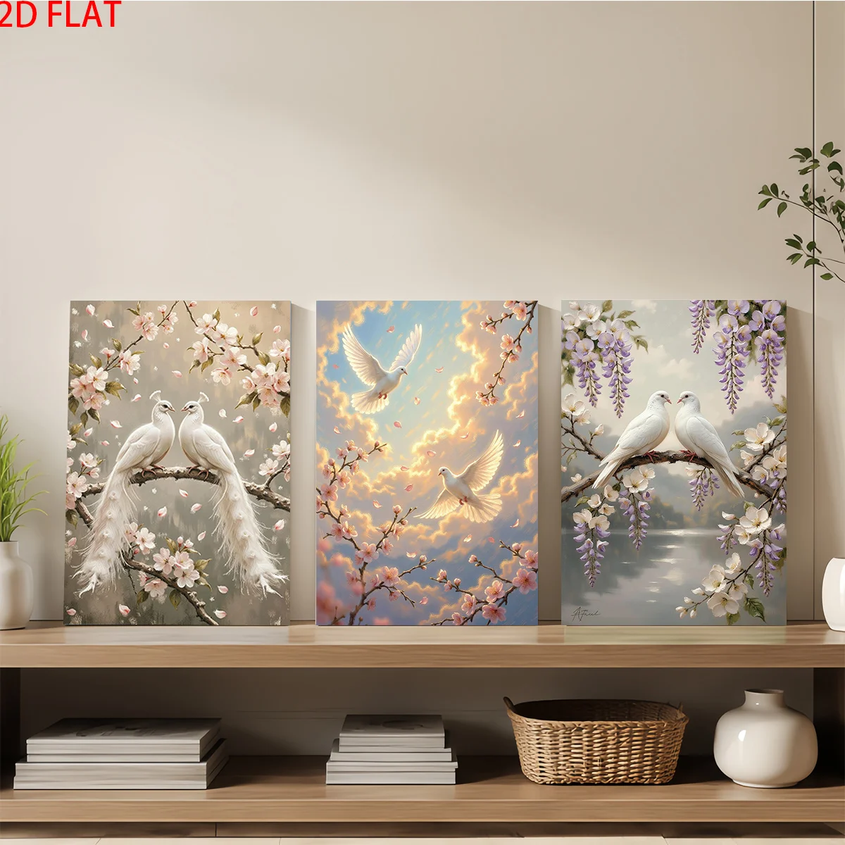 Frameless canvas 2D Flat 3pc Wood Frame Canvas Wall Art – Three paintings with white birds and flowers on wooden shelf perfec
