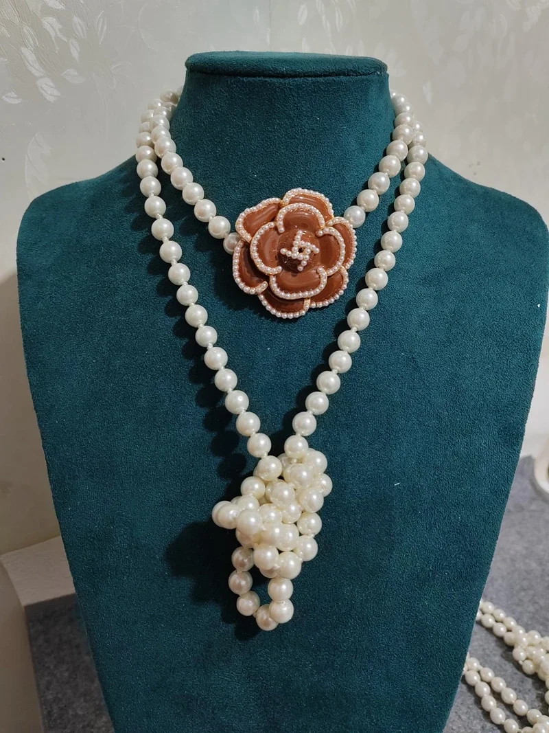 Koreaanse Trui Ketting Gelaagde Parel Ketting Hanger Voor Vrouwen Carmellia Bloem Sieraden