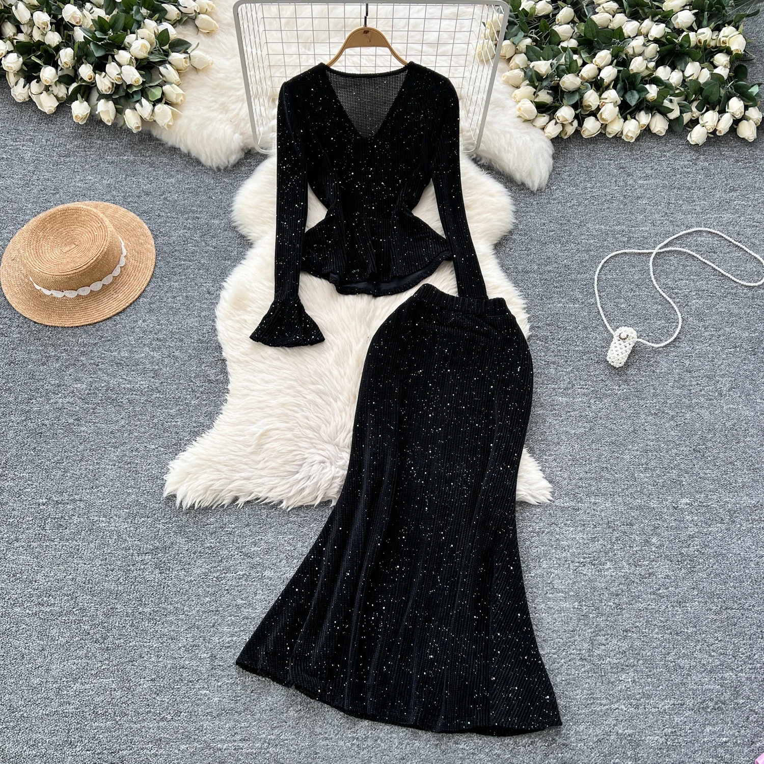 Chic Sequins Women Two-Piece Sets V-neck Metal Buckle Flare Sleeve Top Slim High Waist Mermaid Skirt French High Street Clothing