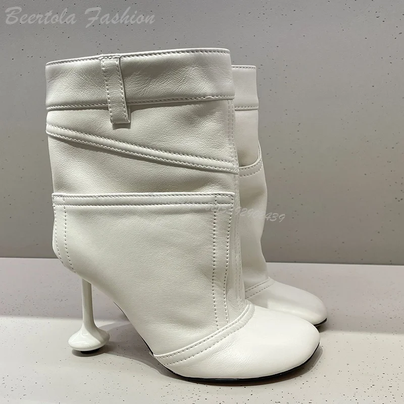 Leather White Pocket Design Stiletto Short Boots Women Street Black Loose Spring Round Booties Lady Casual Strange Style Shoes