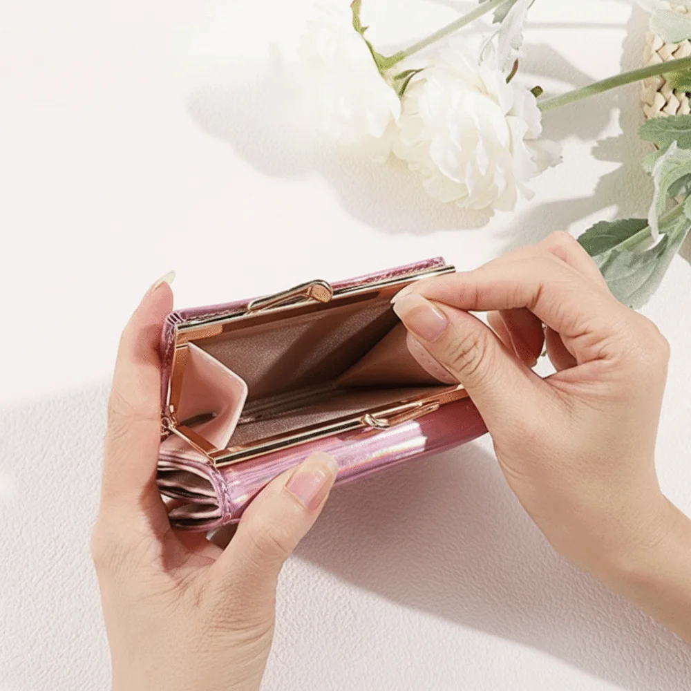 

Portable Multi-card Slot Laser Short Wallet Hasp Colorful Pu Laser Coin Purse Multifunctional Small Triple Fold Wallet Women