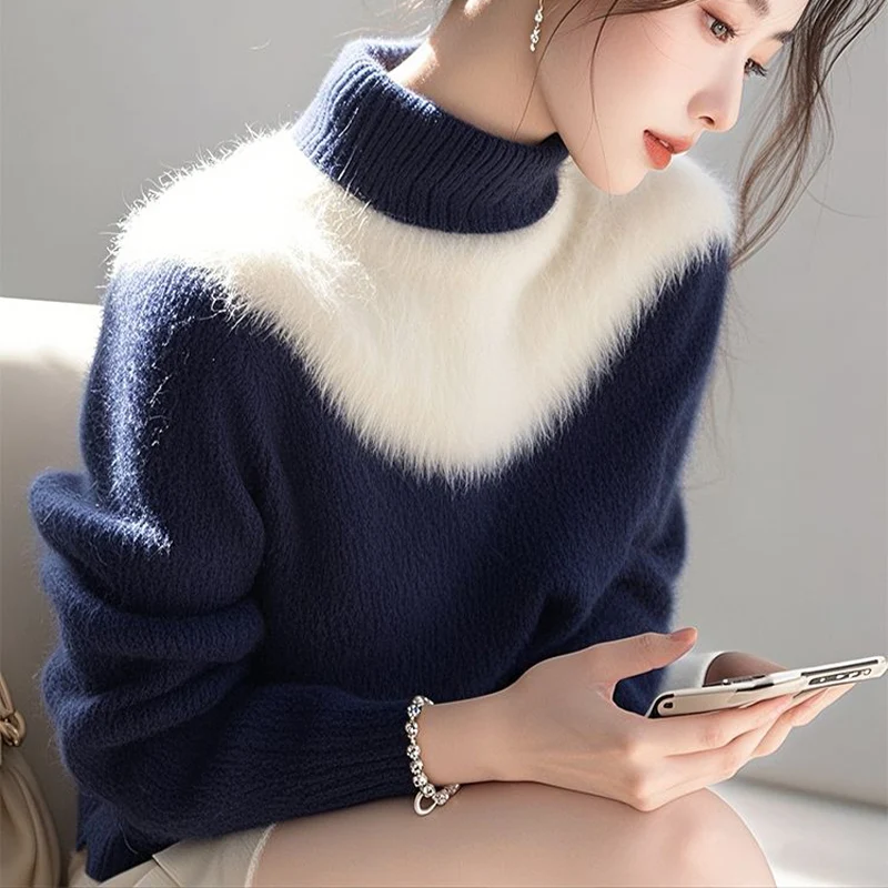 Blue White Color Blocked Fashionable Women's Sweater Autumn Winter Casual High-end Half High Neck Knitted Sweater Top for Women