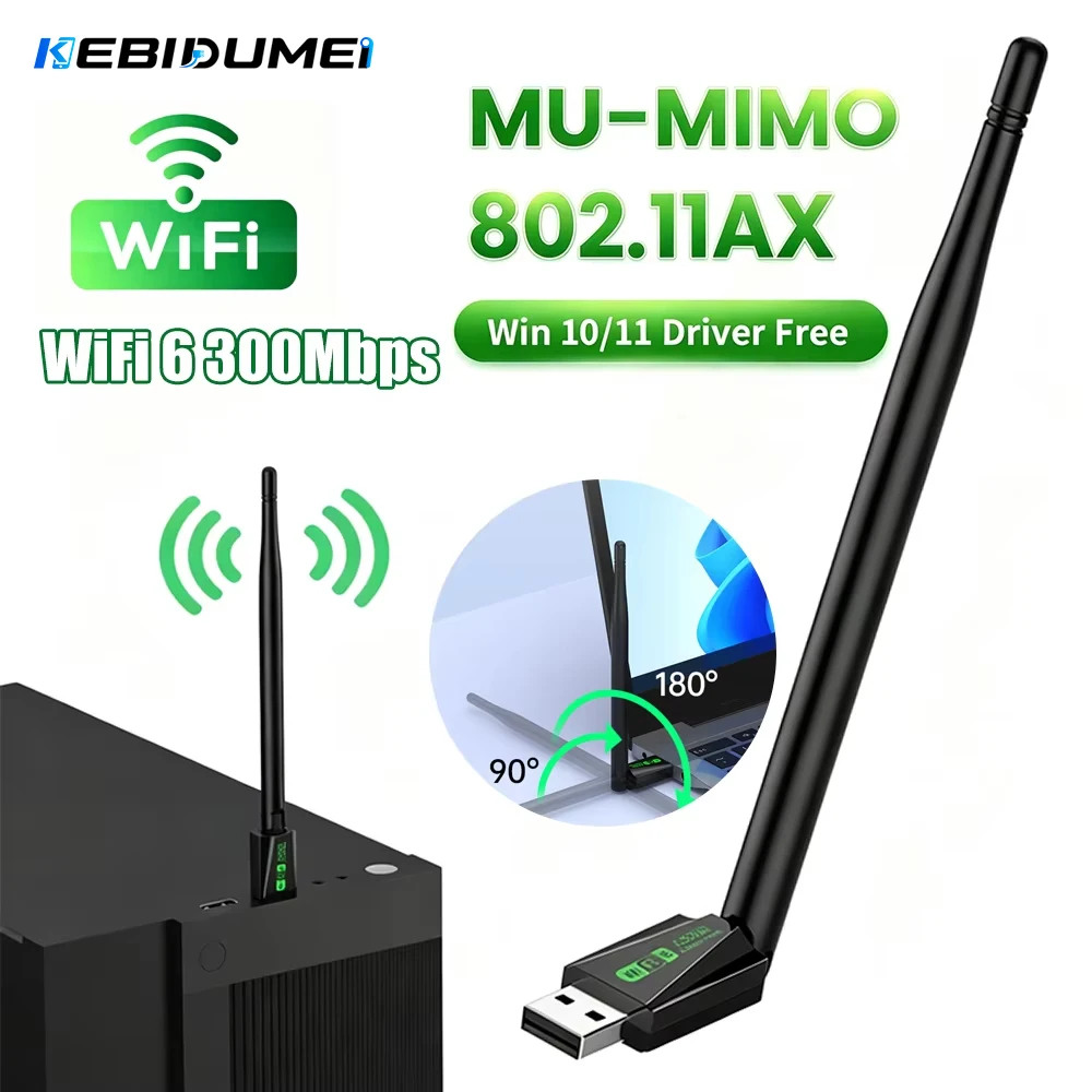 KEBIDUMEI 300Mbps WiFi6 USB Wireless Network Card Driver Free 2.4GHz Receiver Transmitter External Antenna Adapter for PC Laptop