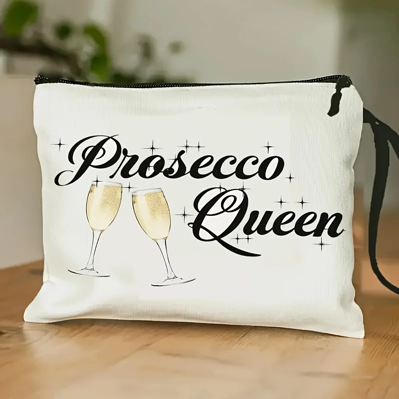 

Makeup Bag Featuring a Prosecco Queen Design with Champagne Glasses - a Lightweight And Portable Organizer This Cosmetic Pouch