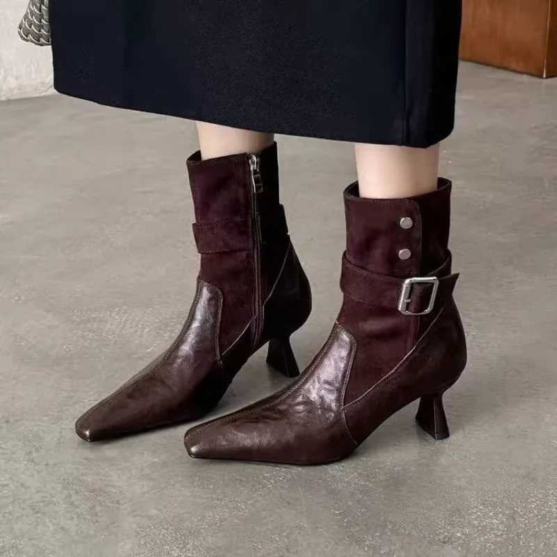 

Women High Heel Short Leather Boots New Boots Female Pointed Thin Heel Boots Ladies Ankle Short Boots Botas De Mujer Plus Size