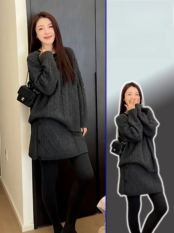 

plus Size Korean Sle round Ne Twisted Sweater And Skirt Faionable Two-Piece Set for Women Warm Thiened Long Sve