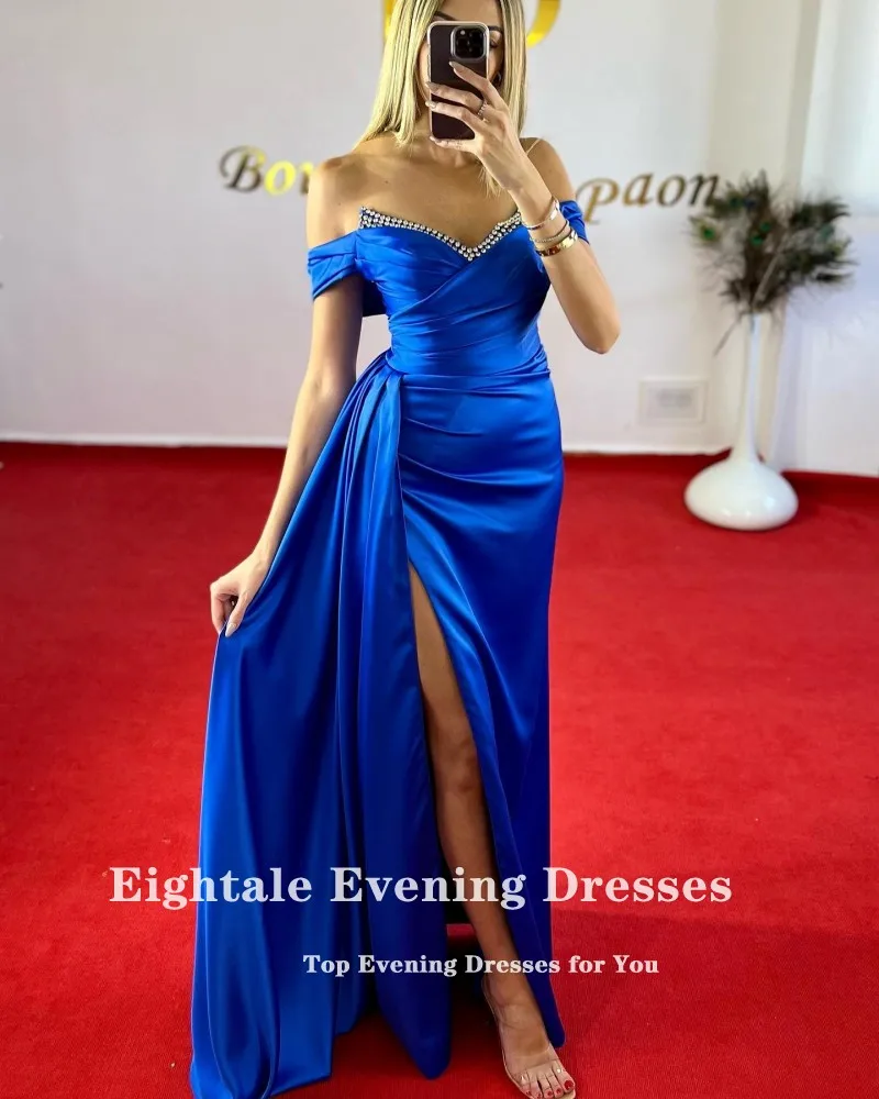 Eightale Navy Blue Evening Dress for Wedding Party V-Neck Beaded off Shoulder Mermaid Arabic Slit Customized Formal Prom Gowns