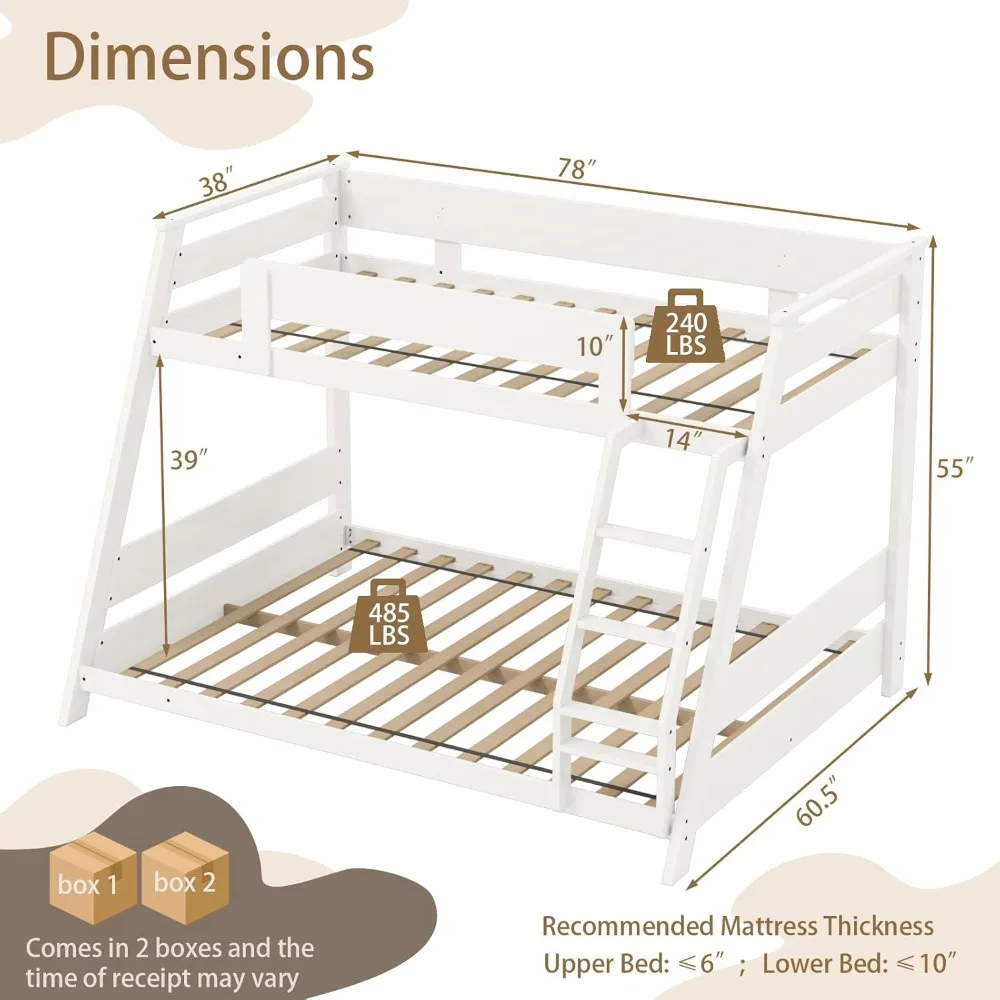 سرير خشبي مزدوج فوق سرير بطابقين كامل مع سلم قابل للعكس، وإطار سرير بطابقين خشبي مع دعامة شرائح ودرابزين أمان،