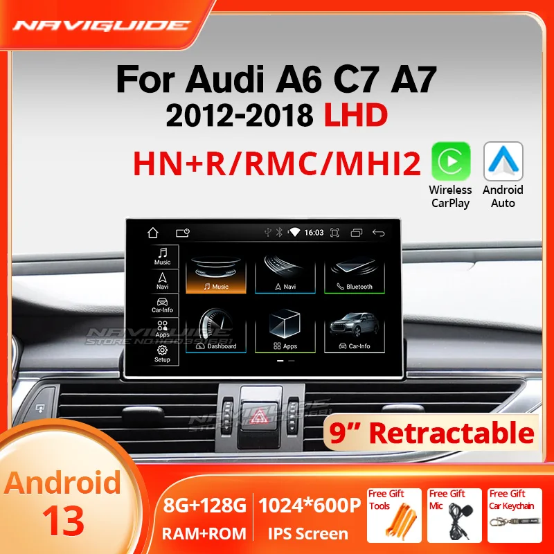 NAVIGUIDE 9'' Retracteble Screen Android 13 For Audi A6 C7 A7 2012-2018 Carplay Car Multimedia Video Player Auto Stereo BT GPS