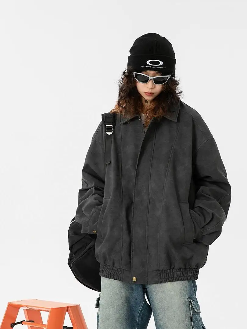 

Retro American Sle Men's Casual Loose Leather Jaet Fall Faion Motorcycle Clothes Couple Tops Polyester Fiber Long Sve