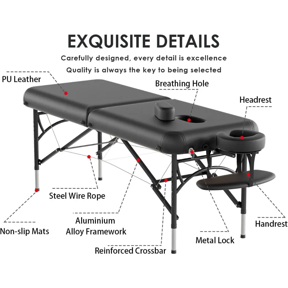 Mesa de massagem profissional com saco de transporte, cama ajustável, portátil, 2 dobrável, leve, solon facial, spa, tatuagem, 84"