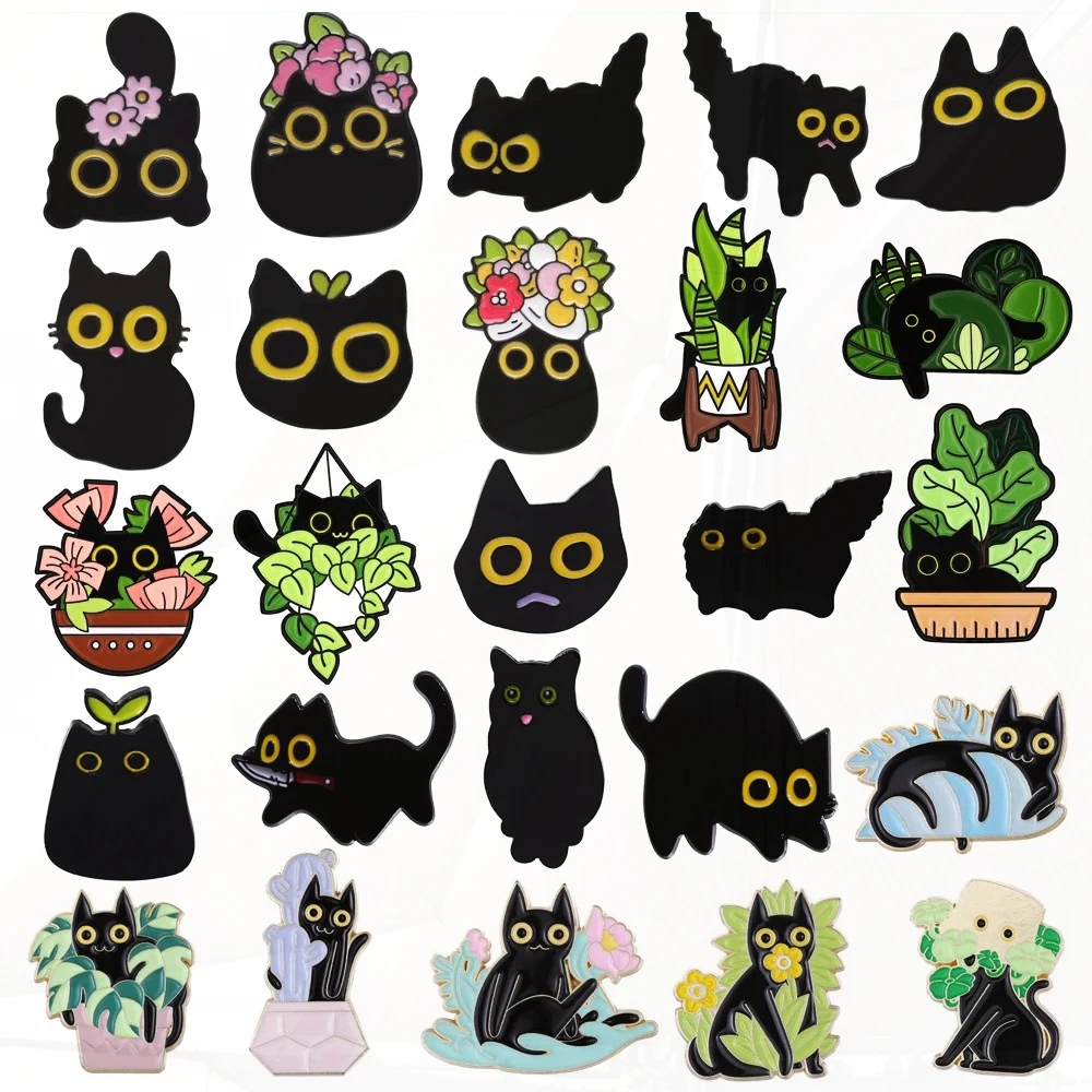 

Plant Potted Flower Grass Coal Cat Cartoon Metal Badge Punk Lapel Brooch Jewelry Accessories Cute Black Cat Enamel Pin Cactus