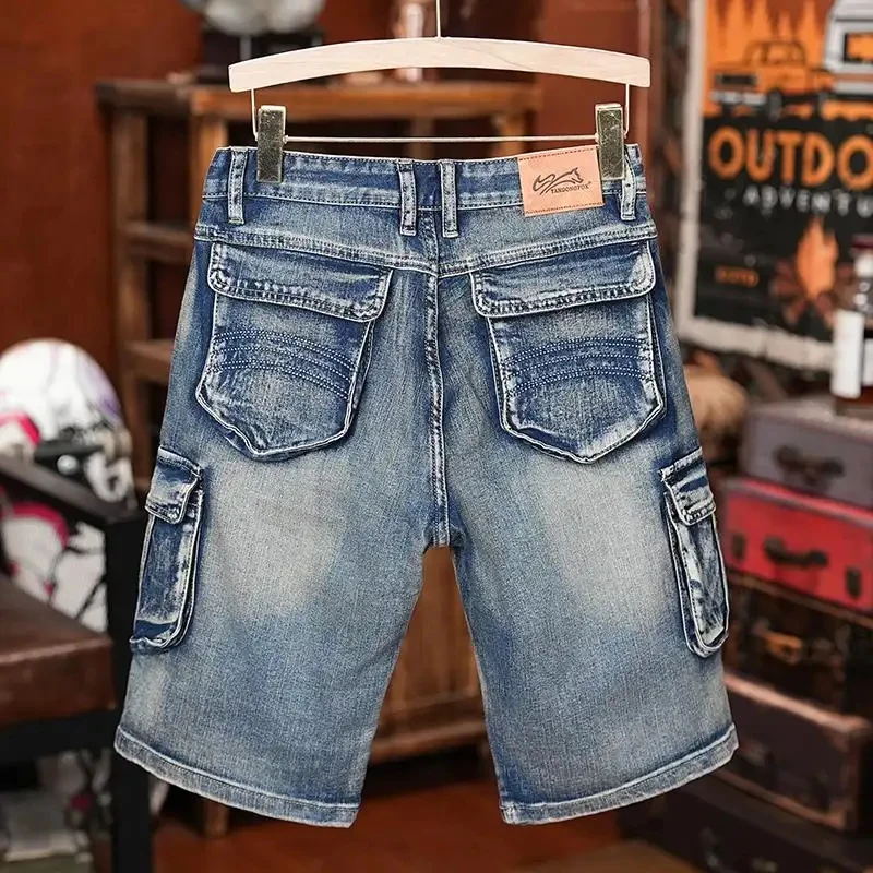 Men's Vintage Summer Denim Cargo Shorts, Loose Multi-Pocket Jeans in Retro Style, Casual Streetwear Shorts, Breathable Cotton Sh