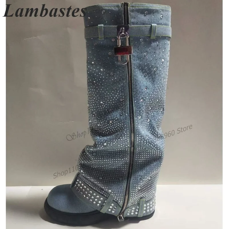 Knee High Blue Denim Crystal Zipper Lock Decor Shark Boots Wedges Heel Women Shoes Slip-On Round Toe 2023 Zapatos Para Mujere