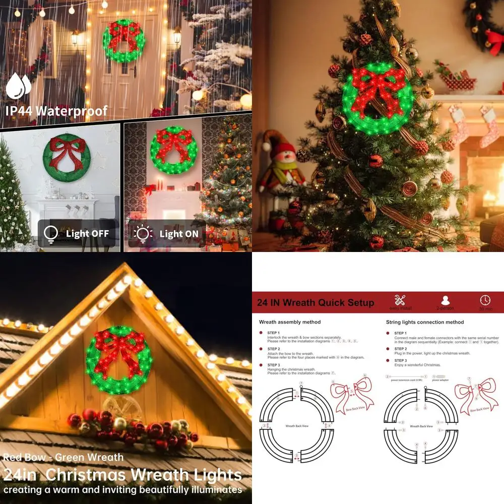 24 ярких светодиодных рождественских венок с красным бантом — большое освещенное наружное украшение для окон и входной двери