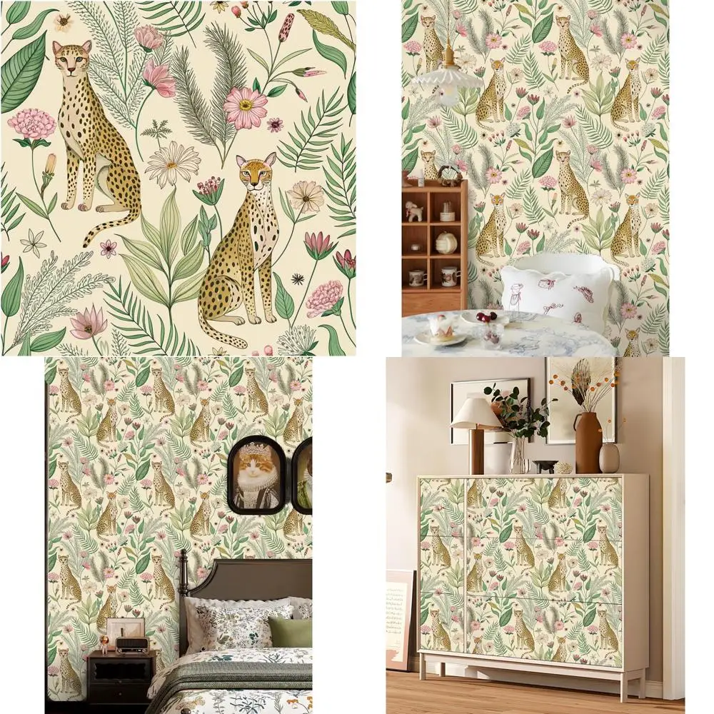 ورق جدران مطبوع عليه زهور وفهد قابل للإزالة، تصميم ليوبارد الغابة الاستوائية لديكور غرفة النوم