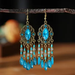 Vintage Bohemian Long Drop Dangle Earrings For Women Geometric Beads Handmade Tassel Crystal Ethnic Boho Wedding Earings Jewelry