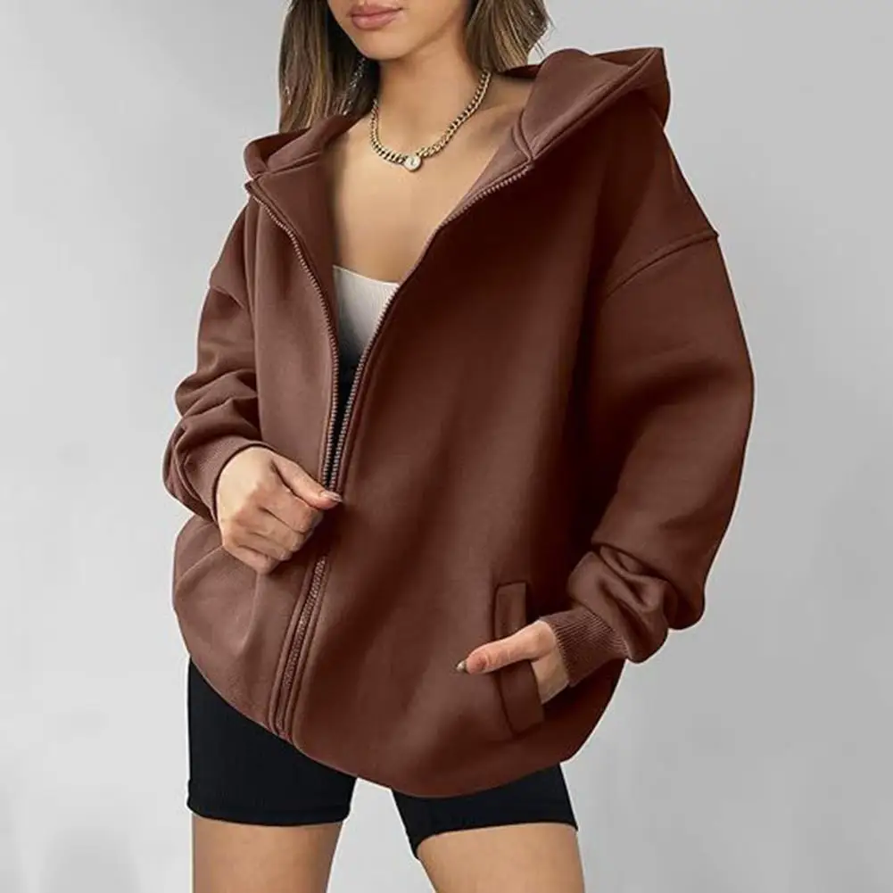 Fall Hooded Coat Women Hoodie Stylish Hooded Women's Coat with Zipper Closure Thick Pockets Loose Fit for Fall Winter Outdoor