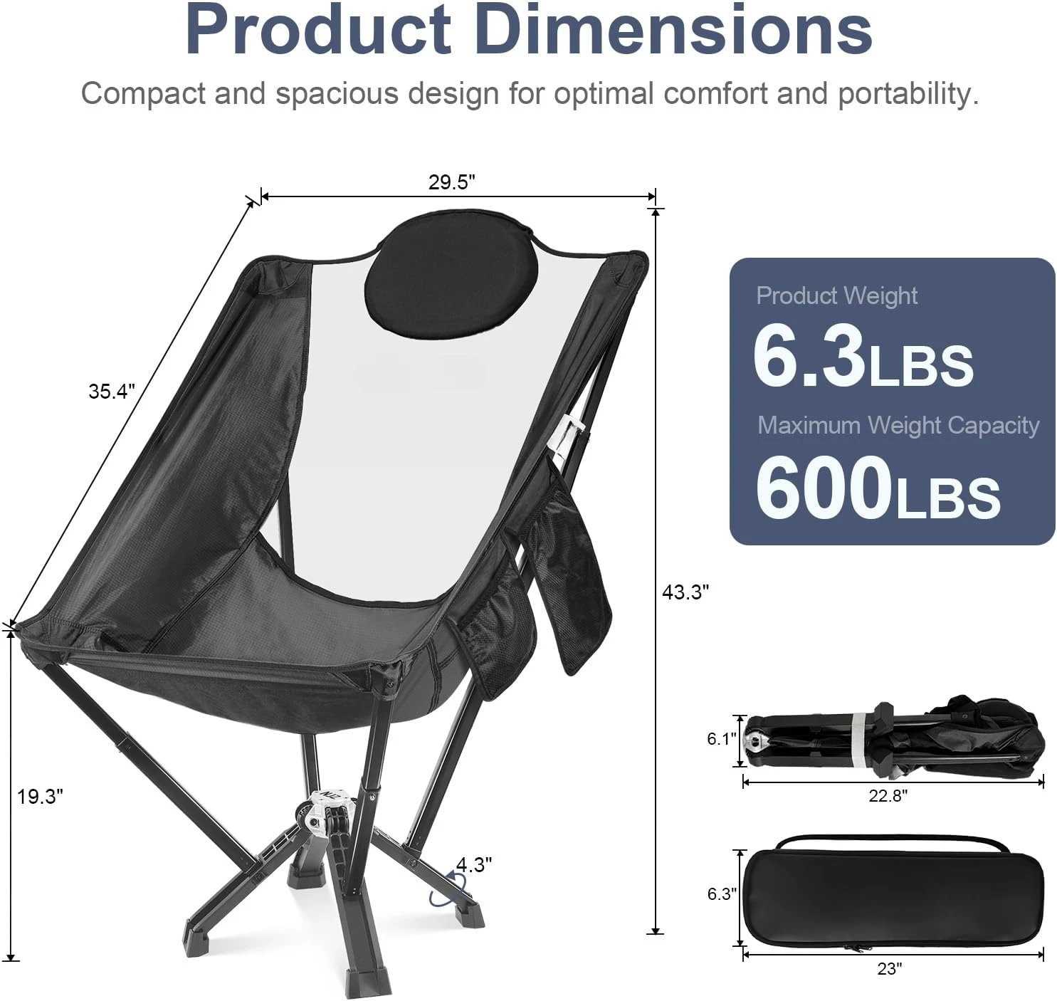 High Back Camping Chair with Carry Bag, 600 LBS Capacity, Heavy Duty Folding Chair for Adults, Compact Camping Chair