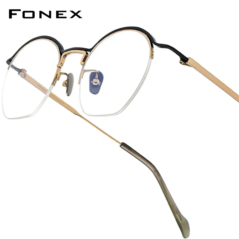 FONEX Titanium Glasses Frame Women Brand Design Semi-Rimless Round Eyeglasses Men Japanese Ultralight Half-Rim Eyewear 90035