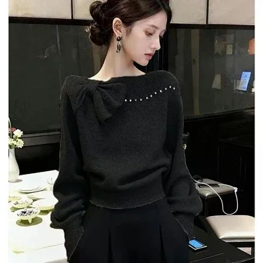 Gray Knit Pullover Sweater with Bow Neck and Pearl Embellishment Loose Fit Short Length Women Autumn Winter Office Elegant 4
