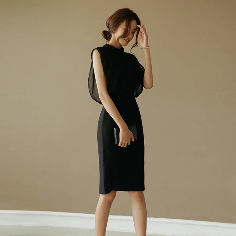 Black Mesh Formal Dress Hepburn Style Women's Summer Fashion Clothes 2020 New Women's Professional Skirt V-neck Sleeveless