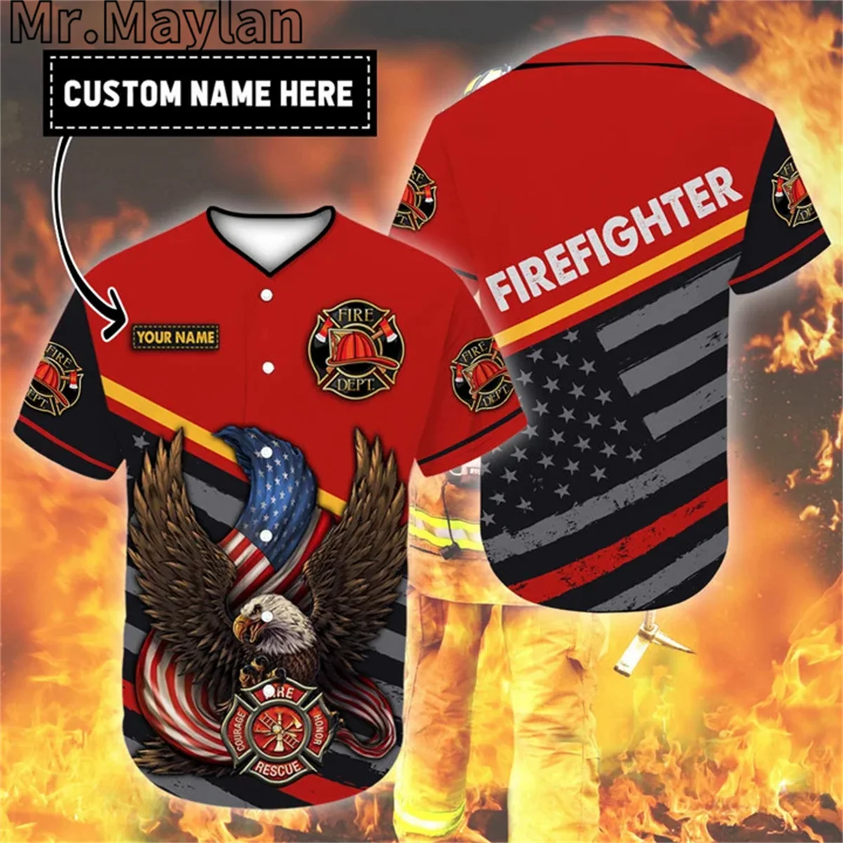 Custom Name Cosplay Costume Firefighter Eagle Baseball Tee Jersey Shirt 3D Firefighting Men's Shirt Casual Shirts hip hop Tops-2