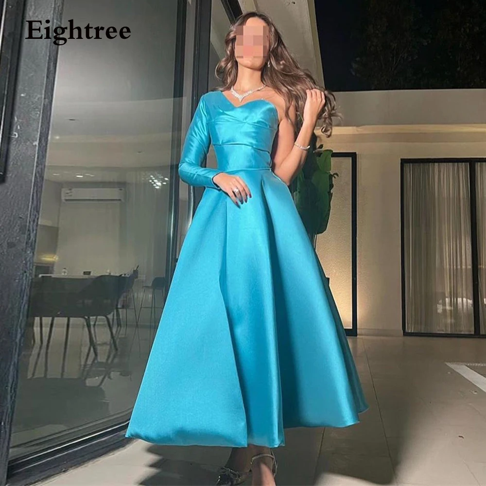 

Eightree Blue A Line Evening Dresses Arabic Women One Shoulder Long Sleeve Formal Party Dress Ankle Length Dubai Robe De Soirée