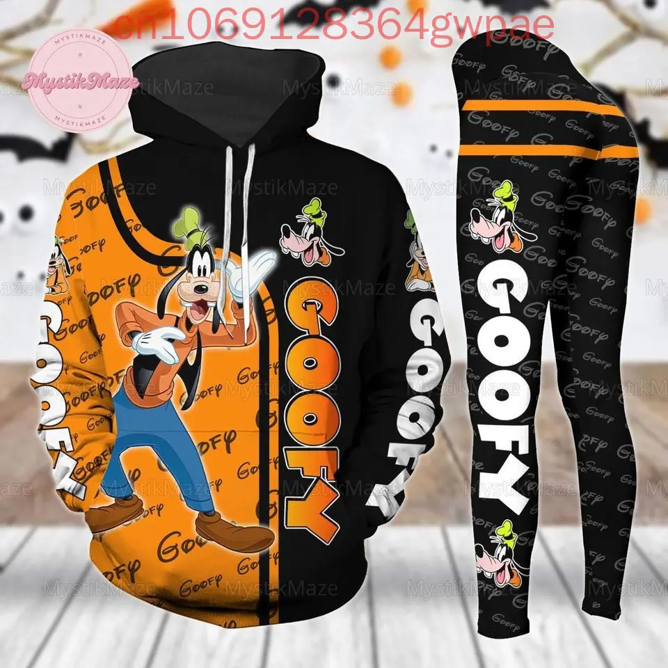 Disney Goofy-Leggings à capuche 3D pour femme, pantalon de survêtement, ensemble de yoga, sport, mode