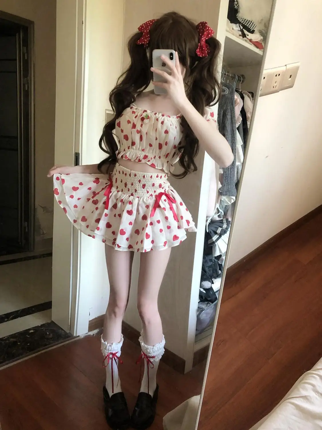 Sweet Kawaii Heart Print Puff Sleeve Off Shoulder 2 Piece Set Shirred High Waist Bow Mini Skirt Women Summer Clubwear Daily Wear