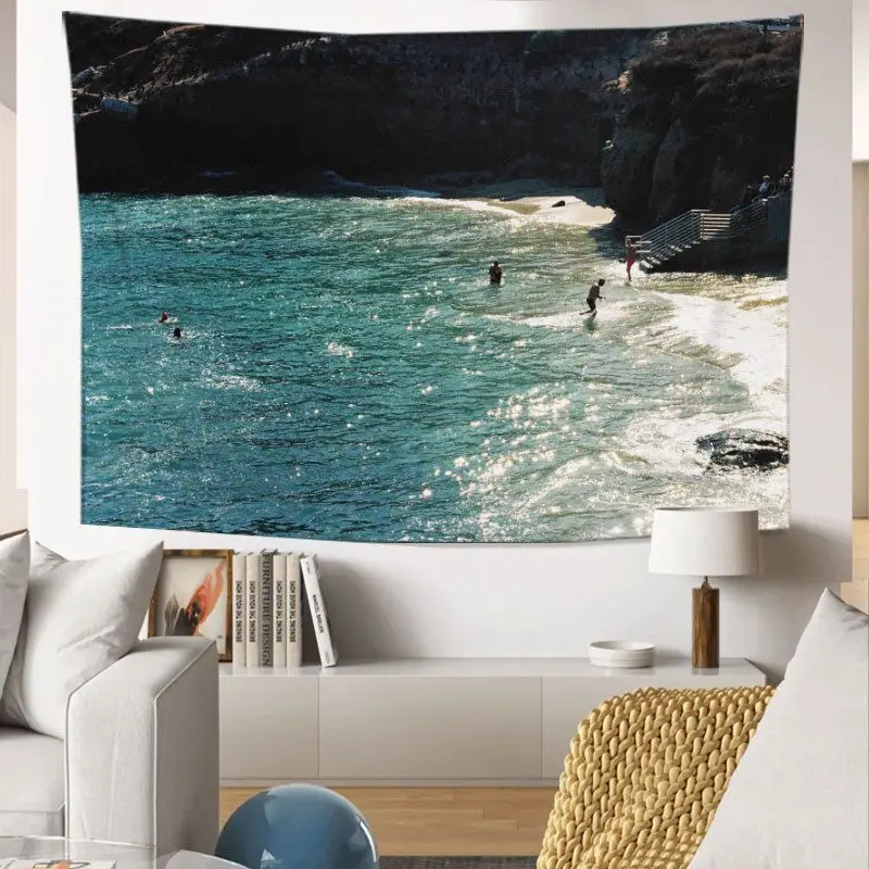 VIKAMA Reef Bay Surfing Sea View Tapestry, HD Wear-Resistant Fabric Wall Art for Beach-Themed Living Room Decor
