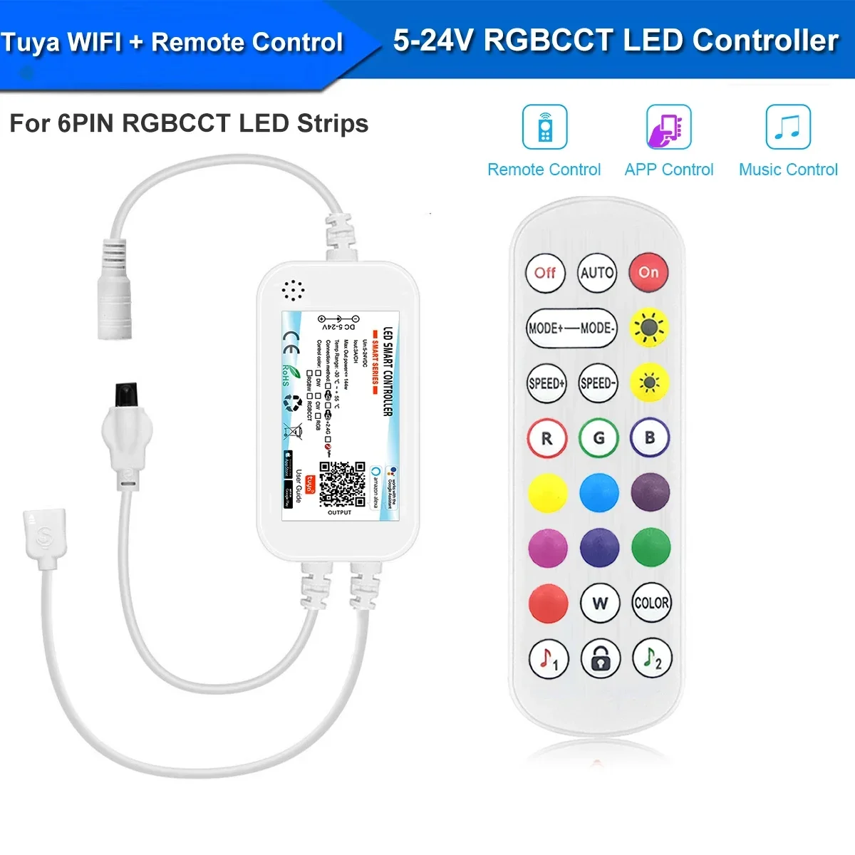 DC12V 5050 5in1 RGBCCT Led Light Tuya Wifi 1-5M RGBCW LED Strip Kit 60leds/m 2700 - 6500K Room Decor Smart Life for Alexa Google