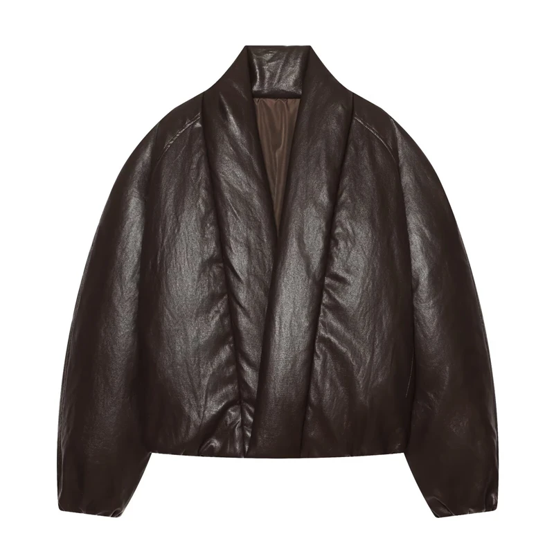 Women's V-neck Faux Leather Padded Jacket Winter Warm Short PU Coat 2026 Autumn and Winter Casual Jacket