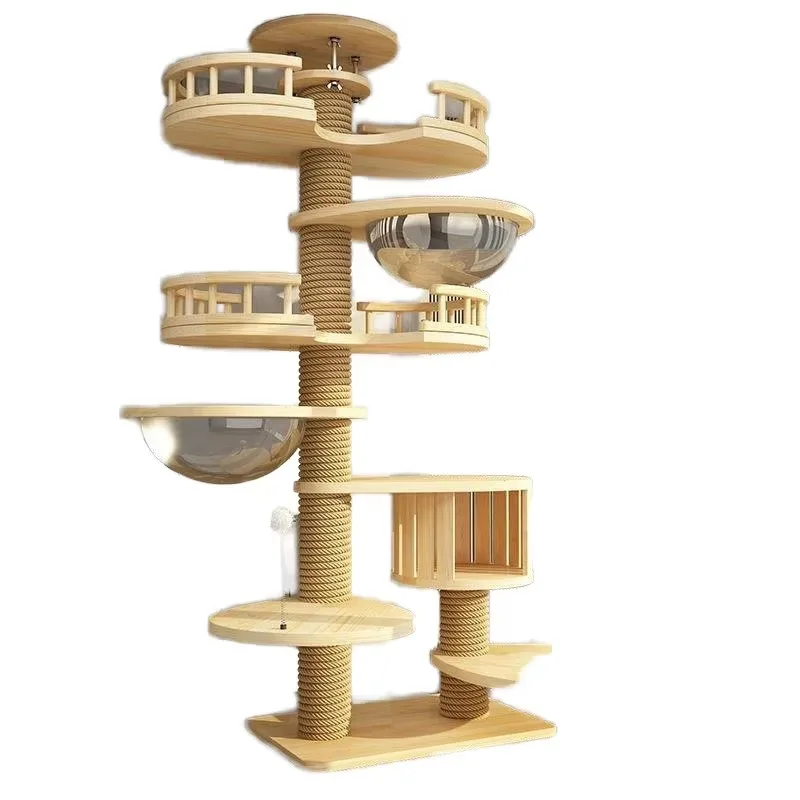 Floor Standing Tall CatTree Large Luxury Solid Wood Cat Climbing Structure with Jumping Platforms Scratching Posts Condo Nests