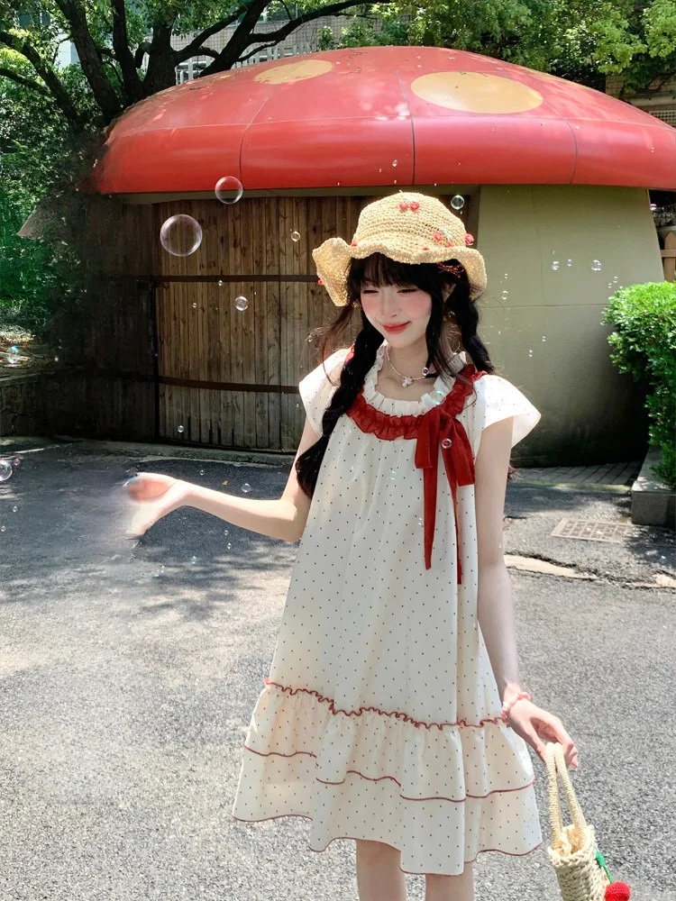 Bibi Bency Sweet Summer Polka Dot Dr Falda midi para mujer ort Sve Nudo Fibra de poliéster Casual Corte A Dr