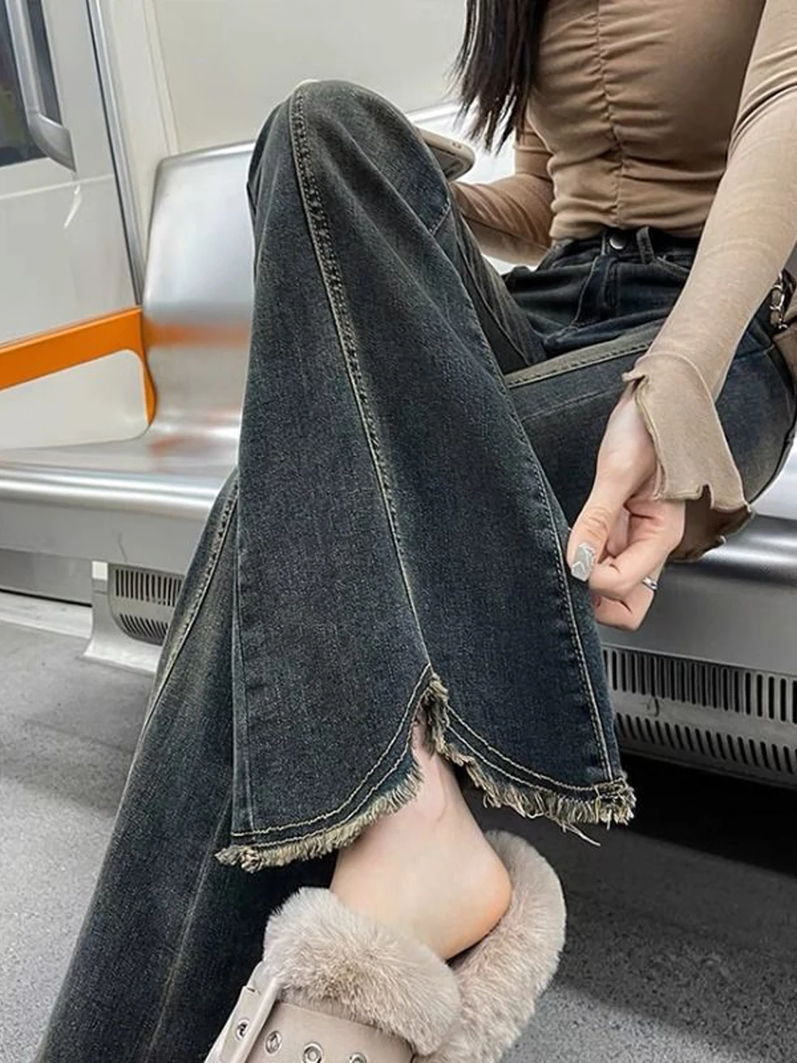 

Ретро джинсы для женщин больших размеров, летние, новая модель, с эффектом потертости, микро-клеш, в американском стиле, повседневные, широкие штанины