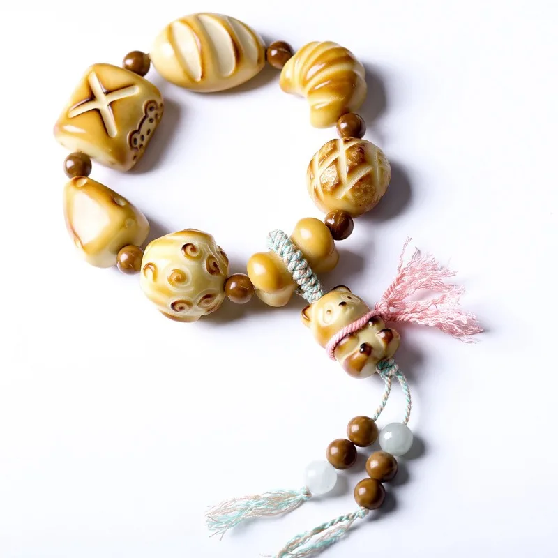 Chinese Style Lucky Blessing 20mm Tagua Nut Bodhi Bracelet Cute Bread Panda Charms Good Fortune Handmade Jewelry For Women Men