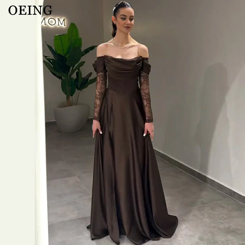 

OEING Elegant Brown A-Line Prom Dress Silky Off Shoulder Lace Full Sleeves Maxi Side Slit Evening Dress vestidos Customized