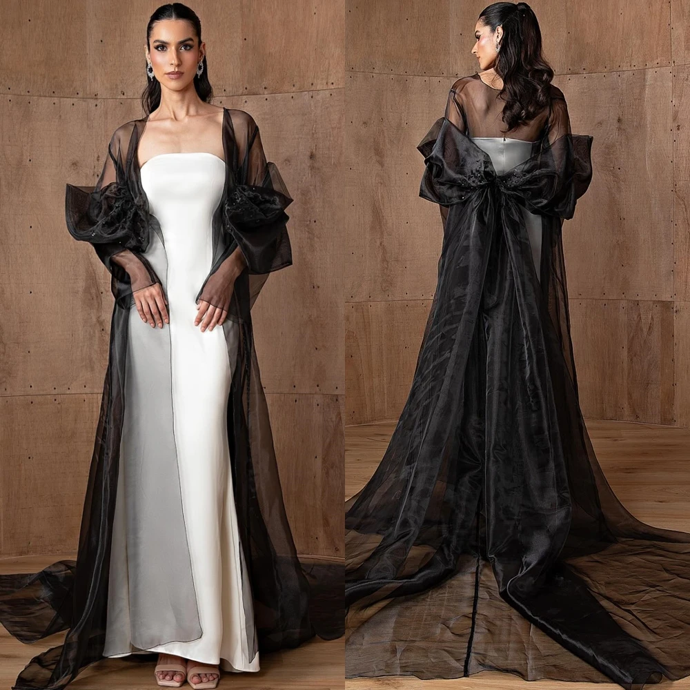 Customized Luxury Satin Evening Dress Delicate Shawl Strapless Prom Dresses Temperament Long Sleeves Special Occasion Gowns