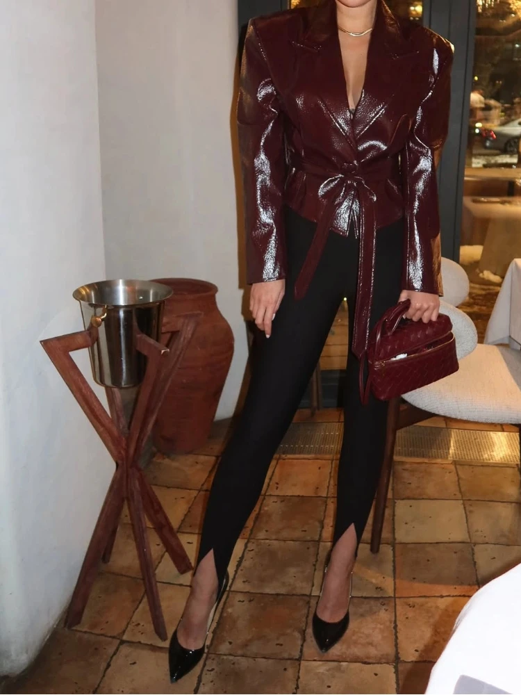 

Vintage Turn-down Collar Leather Jackets Women Full Sleeve Waist Cinching Pockets Jacket Female Summer Autumn Chic Casual Coats