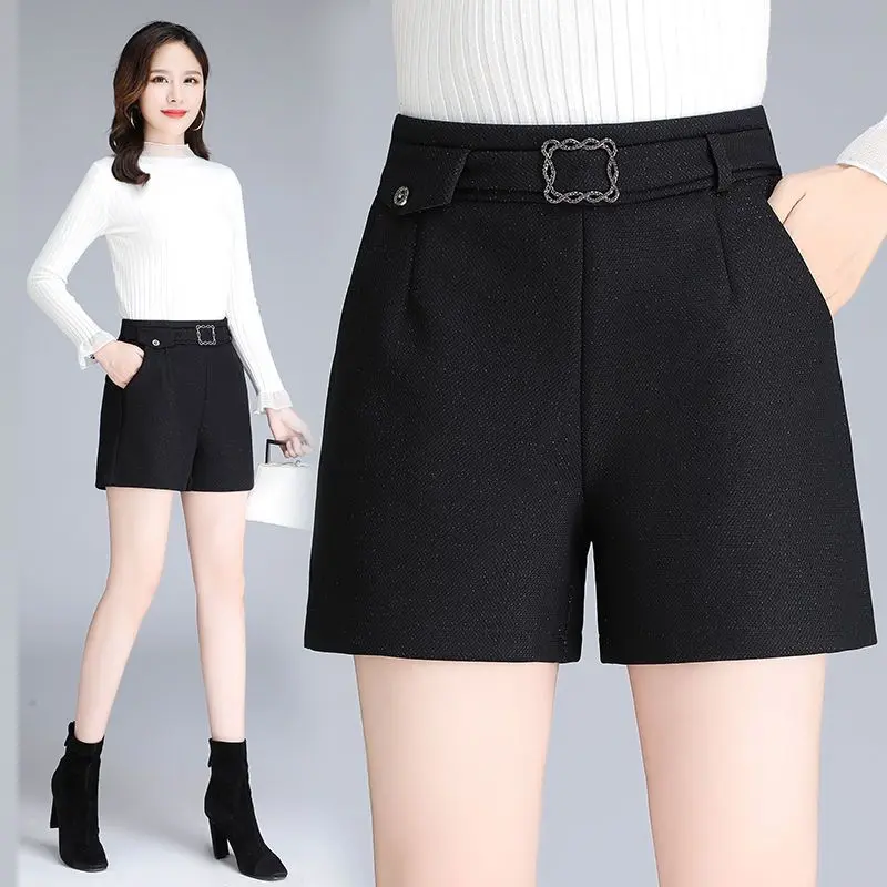 Autumn Winter Women's Korean Fashion High Waist Elegant Short Pants Ladies Vintage Button Solid Slim Thick  A-line Shorts LX542