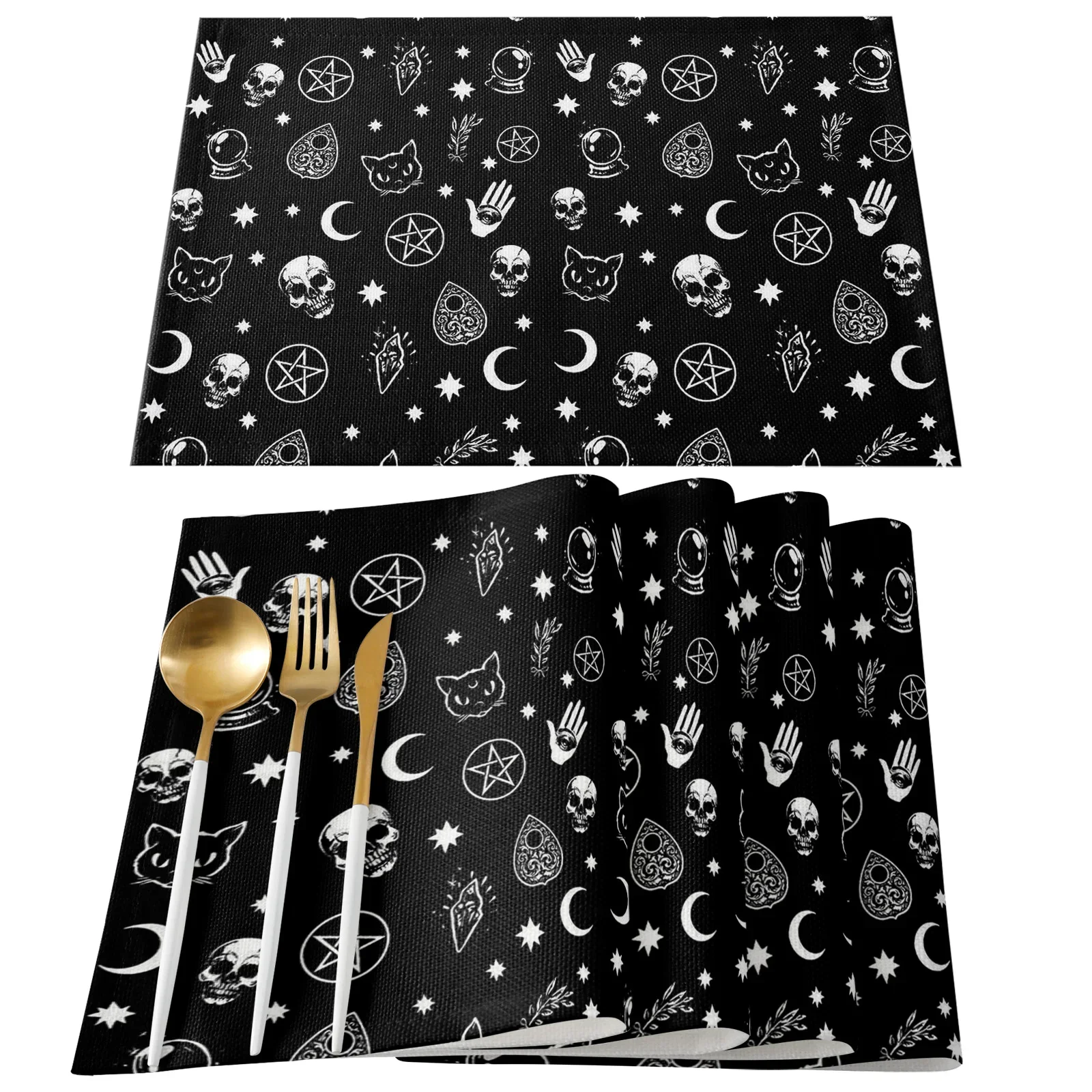 4PCS Black Witch Skull Moon Divination Placemats Linen Dining Table Mats Coaster Bowl Coffee Cup Mat Kitchen Home Decoration