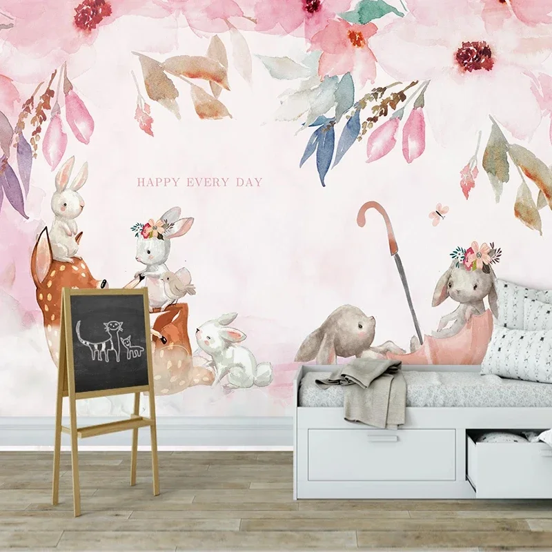 Custom Photo Pink Elk Rabbit Living Room Children Room Animal Decoration Painting Cartoon Pastoral Mural Wallpaper Home Décor