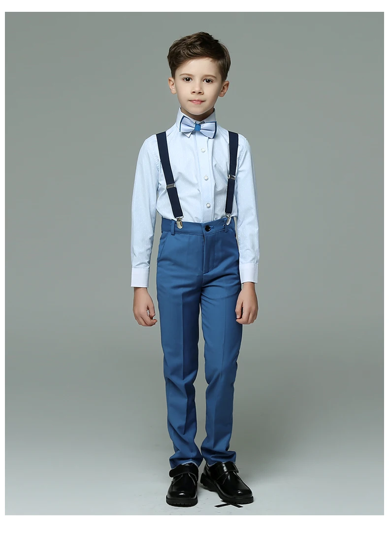 Prince Boys Summer Blue Wedding Suit Kids Shirt Suspender Pnats Bowtie 4PCS Formal Child Photography Costume Teenager Uniform