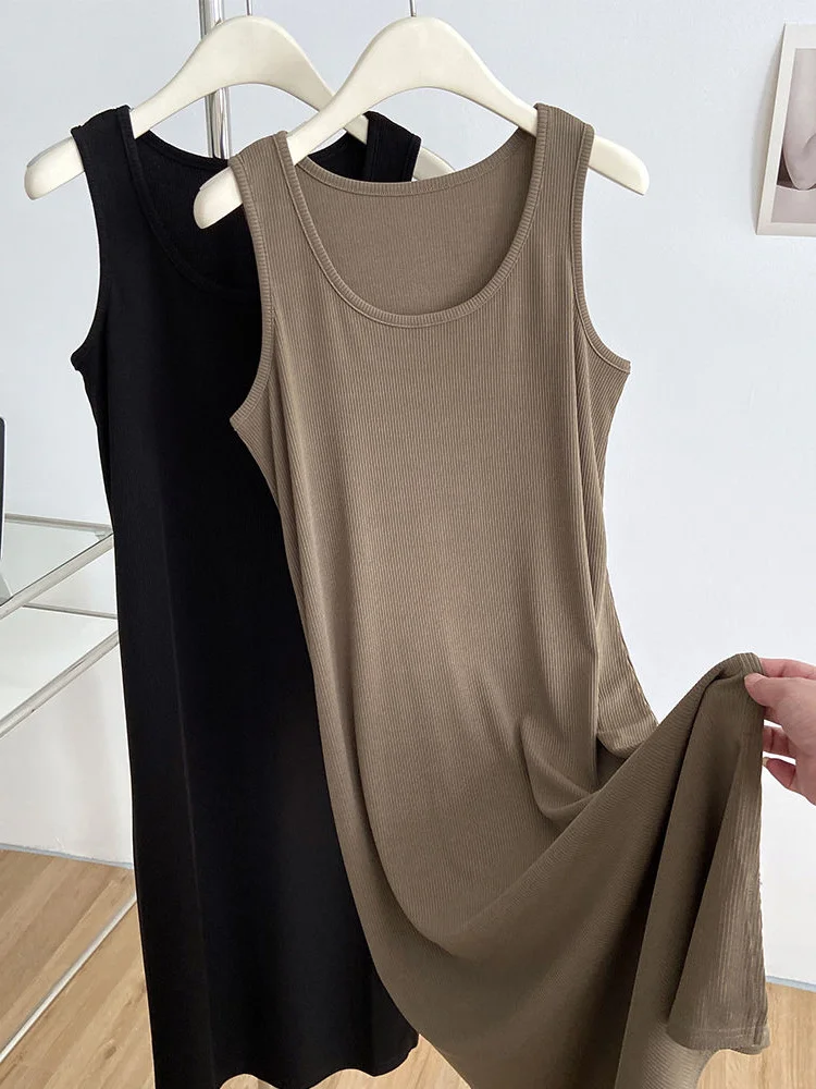 

plus Size Women's Summer Casual Straight Cut Drapey Sleeveless Vest Dress Heavy Duty 300 Pounds Mid-Length Skirt